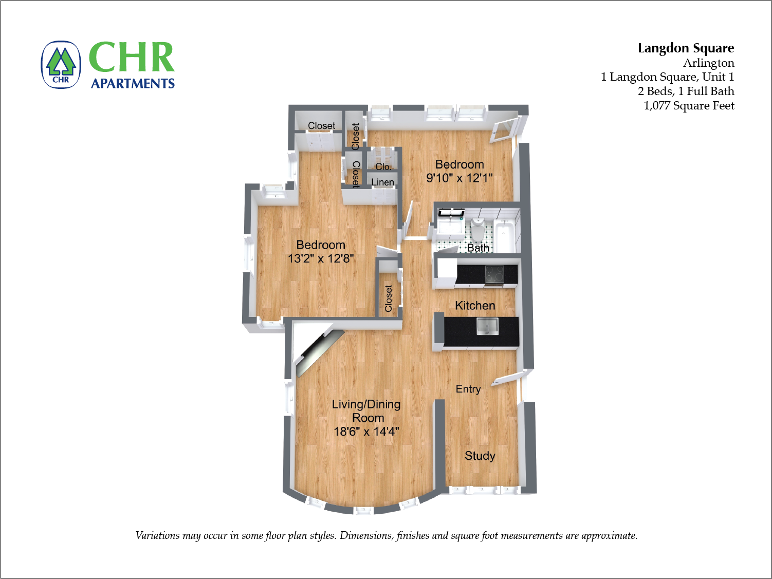 Floor plan for 2 beds, 1 bath, 1077 sqft
